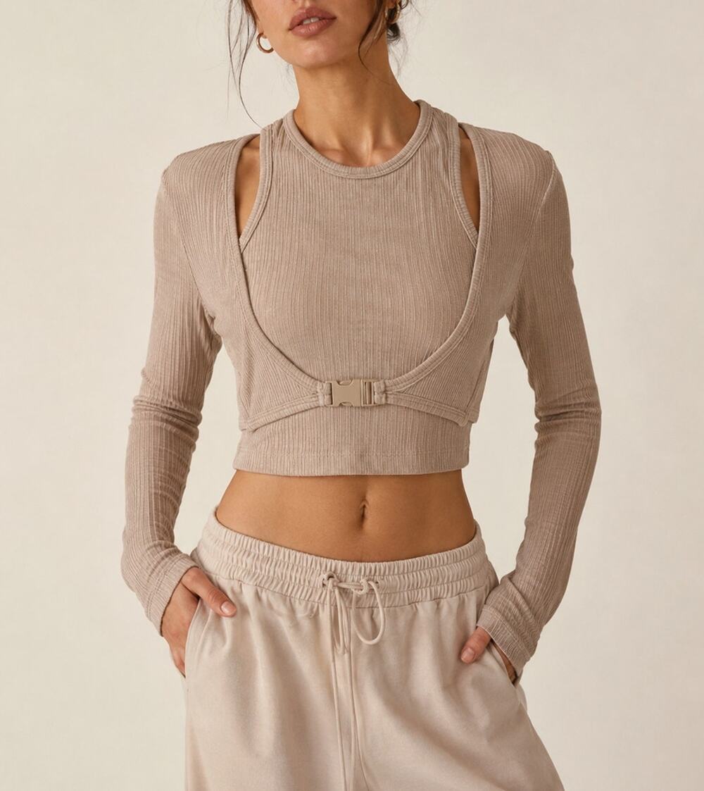 CIDER Ribbed Knit Long Sleeve Buckle Crop Top Beige Small EUC